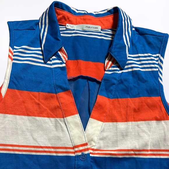 Maurices Bright Blue,White & Vivid Orange Sleeveless Button Up Top w/Sheer Back - Picture 2 of 6